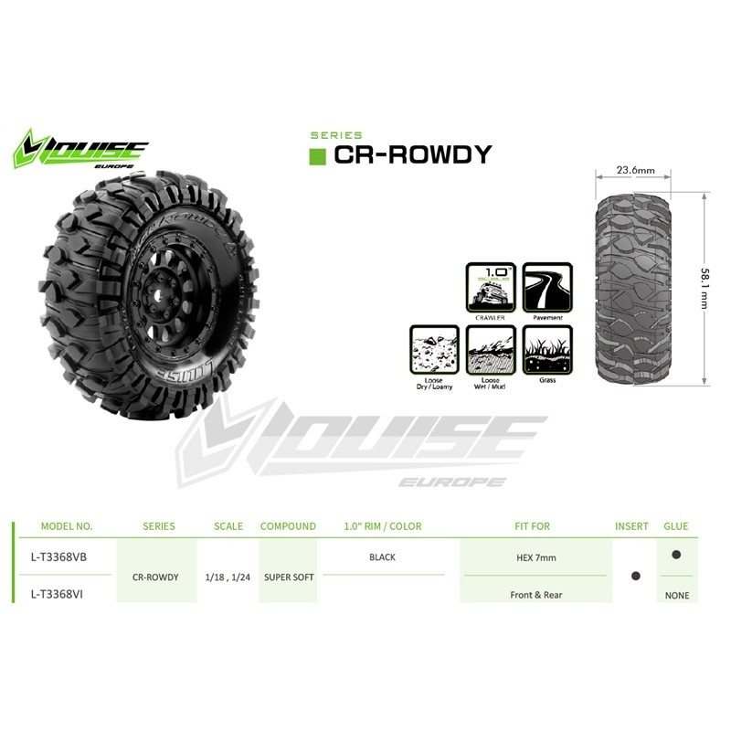 RUEDAS CRAWLER CR-ROWDY 1:18/1:24 SÚPER BLANDOS 1.0 2 UNIDADES LR-T3368VI - Imagen 3