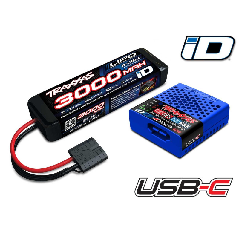 COMBO batería/cargador (incluye cargador USB-C NiMH/LiPo iD 2985 (1), batería LiPo iD de 2 celdas 20 C y 3000 mAh n.° 2827X) - Imagen 1
