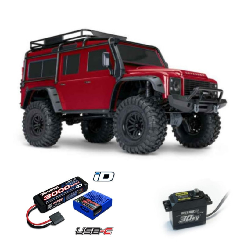 PACK 3000 TRX4 LAND ROVER DEFENDER CRAWLER 4X4+CAMBIO DE SERVO ORIGINAL A YELLOW 30KG+BATERIA TRX 3000MAH Y CARGADOR USB - Imagen 1