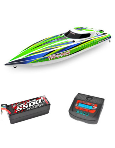 PACK EMBARCACION DE ALTO RENDIMIENTO TRAXXAS DISRUPTOR 4S de 40+ MPH VERDE+BATERIA LIPO 4S 5500MAH+CARGADOR TEAM CORALLY - Imagen 1