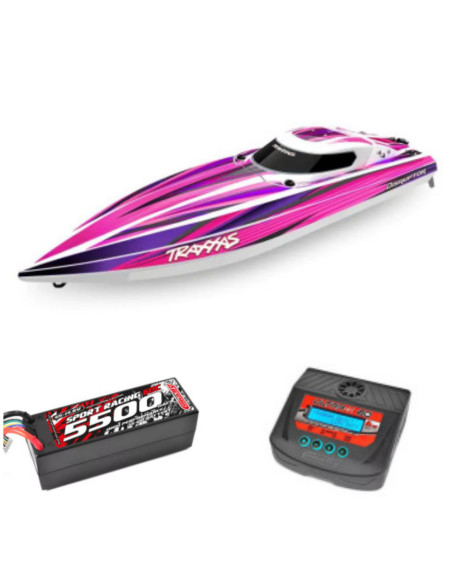 PACK EMBARCACION DE ALTO RENDIMIENTO TRAXXAS DISRUPTOR 4S de 40+ MPH ROSA+BATERIA LIPO 4S 5500MAH+CARGADOR TEAM CORALLY - Imagen 1