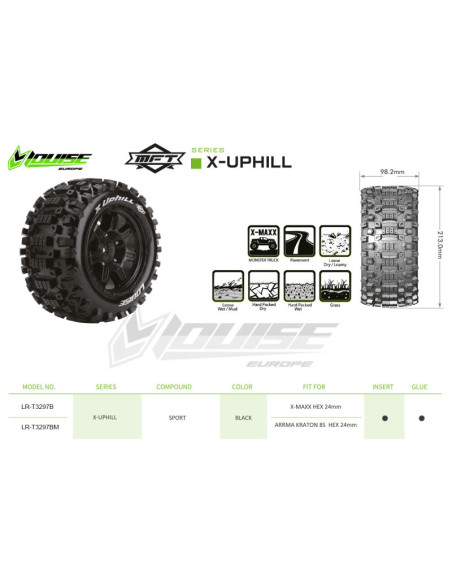 LR-T3297BM Louise RC  MFT  X-UPHILL  KRATON 8S Serie Tire Set  Mounted  Sport  Black Wheels  Hex 24mm - Imagen 3