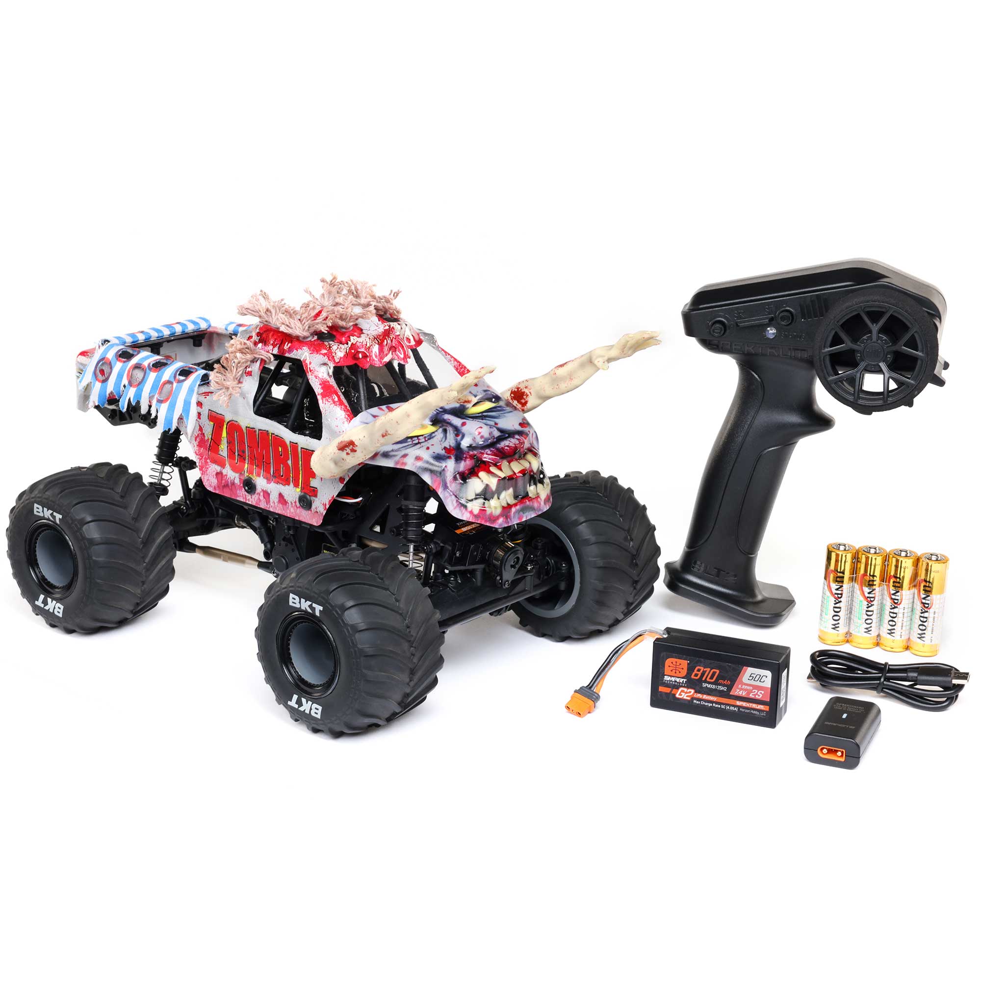 Camión monstruo cepillado Mini LMT Zombie 2S 4X4 RTR a escala 1/18 (batería y cargador incluidos), rojo